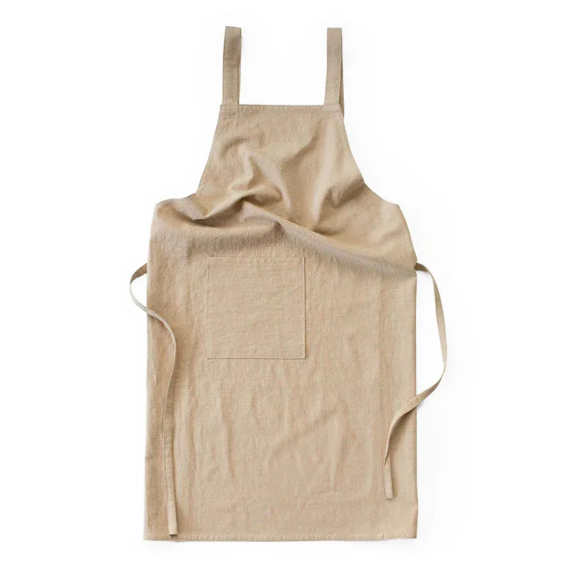 Khaki Cotton Linen H-Back Apron - Solid Color Kitchen Cooking Apron with Pocket - Mekamart Australia