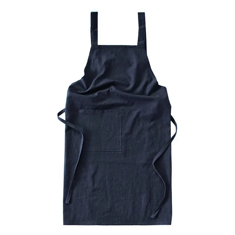 Navy Blue Cotton Linen H-Back Apron - Solid Color Kitchen Cooking Apron with Pocket - Mekamart Australia