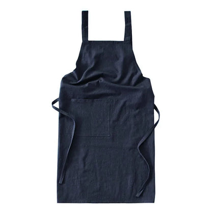 Navy Blue Cotton Linen H-Back Apron - Solid Color Kitchen Cooking Apron with Pocket - Mekamart Australia