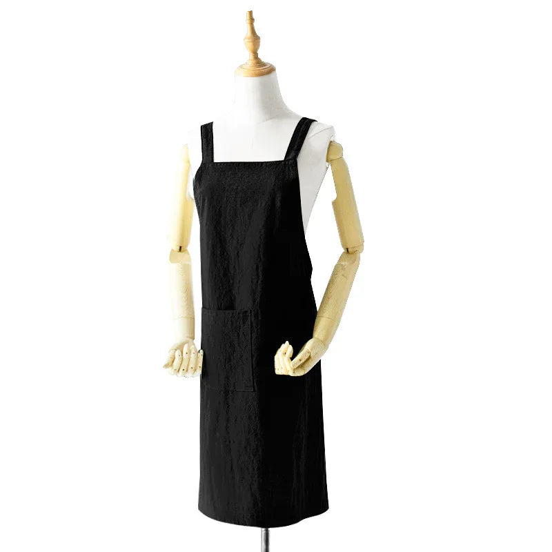 Navy Blue Cotton Linen H-Back Apron - Solid Color Kitchen Cooking Apron with Pocket - Mekamart Australia