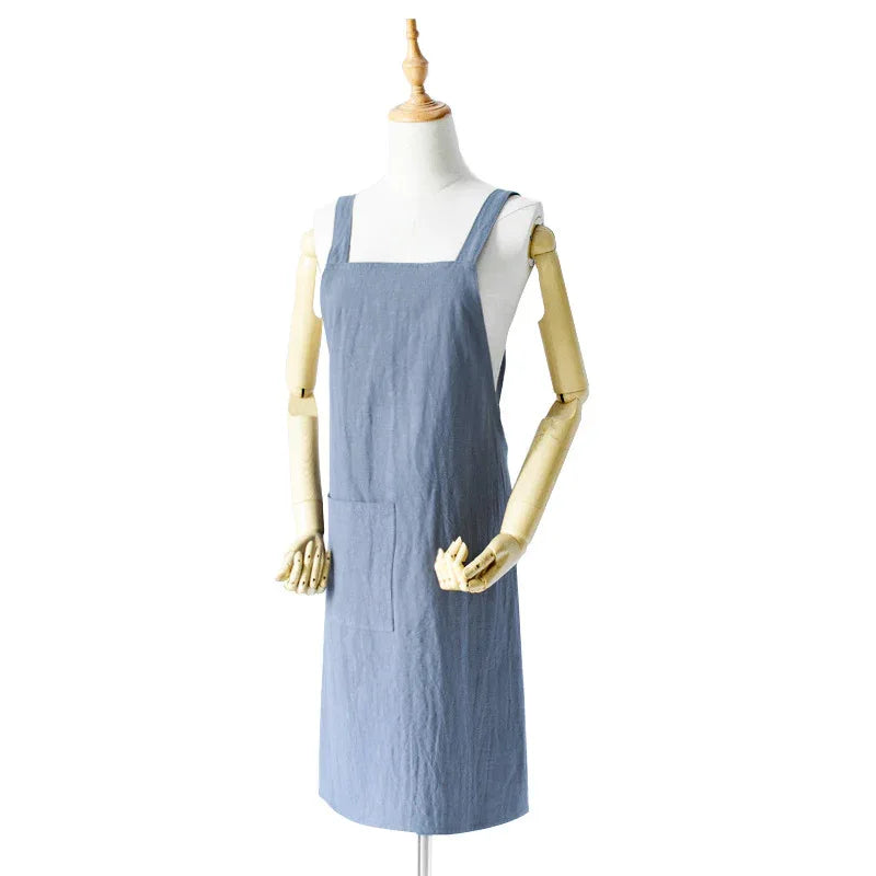Blue Cotton Linen H-Back Apron - Solid Color Kitchen Cooking Apron with Pocket - Mekamart Australia