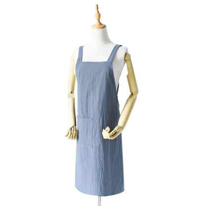 Blue Cotton Linen H-Back Apron - Solid Color Kitchen Cooking Apron with Pocket - Mekamart Australia