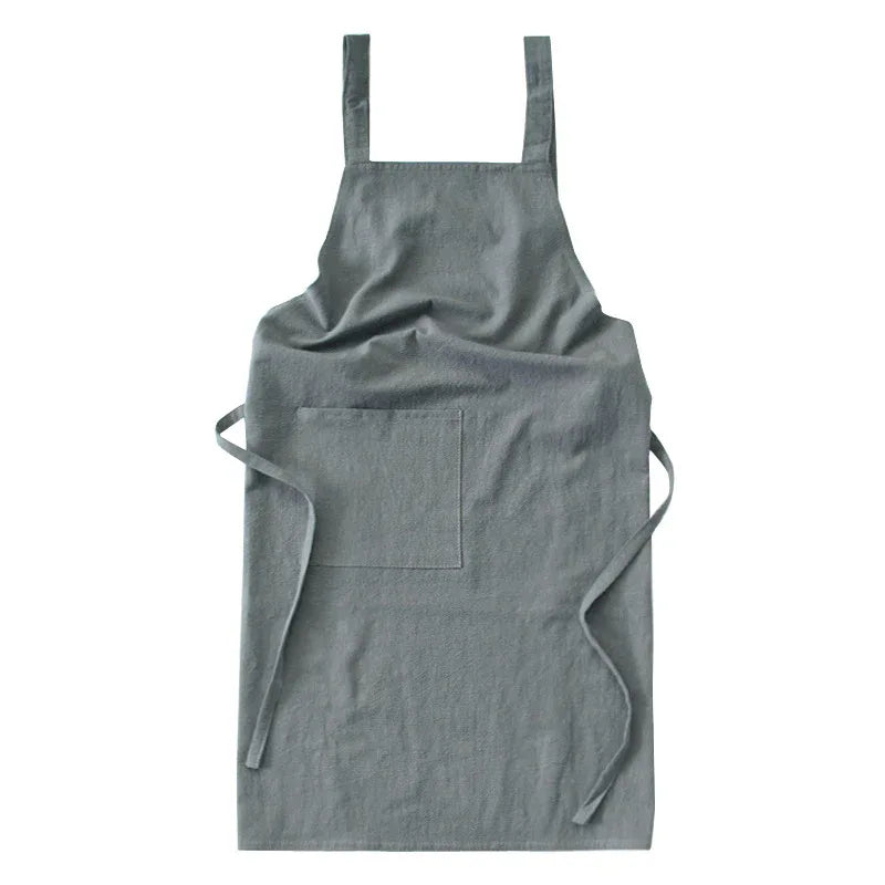Grey Cotton Linen H-Back Apron - Solid Color Kitchen Cooking Apron with Pocket - Mekamart Australia