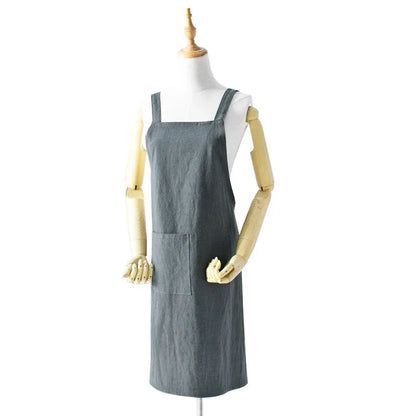 Grey Cotton Linen H-Back Apron - Solid Color Kitchen Cooking Apron with Pocket - Mekamart Australia
