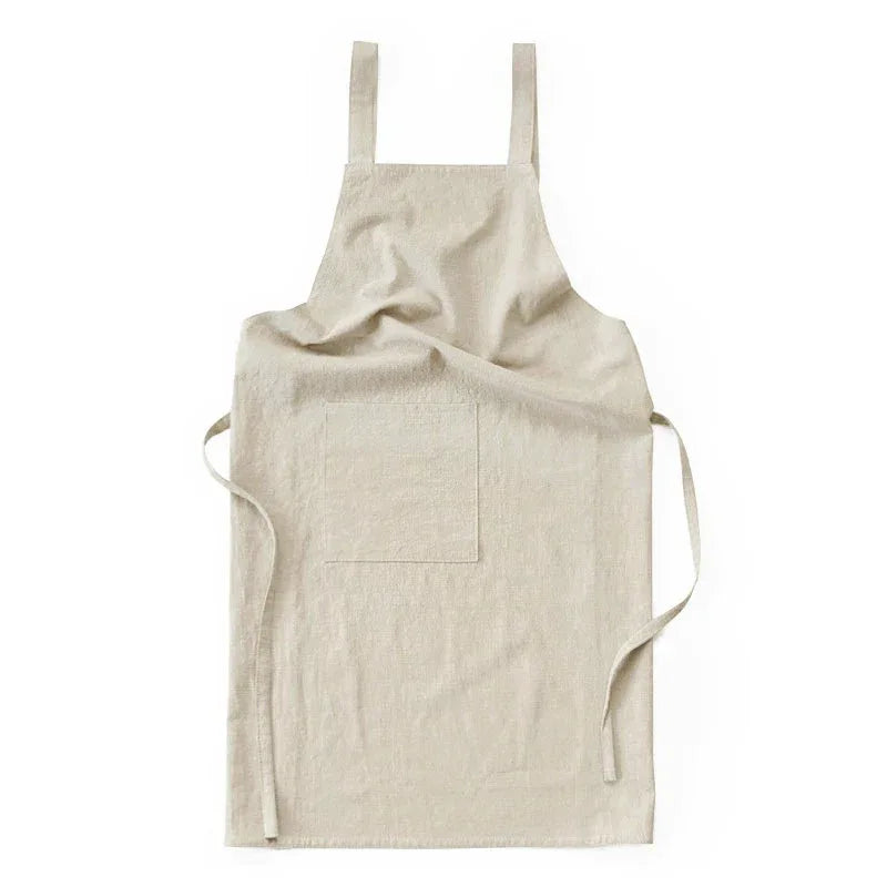 Off White Cotton Linen H-Back Apron - Solid Color Kitchen Cooking Apron with Pocket - Mekamart Australia