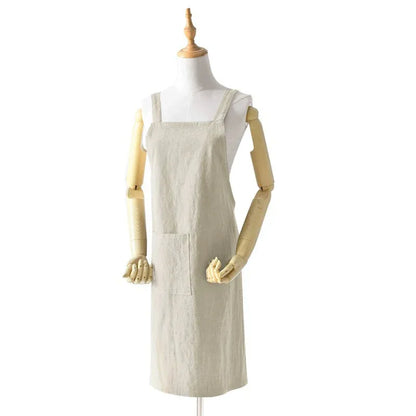 Off White Cotton Linen H-Back Apron - Solid Color Kitchen Cooking Apron with Pocket - Mekamart Australia
