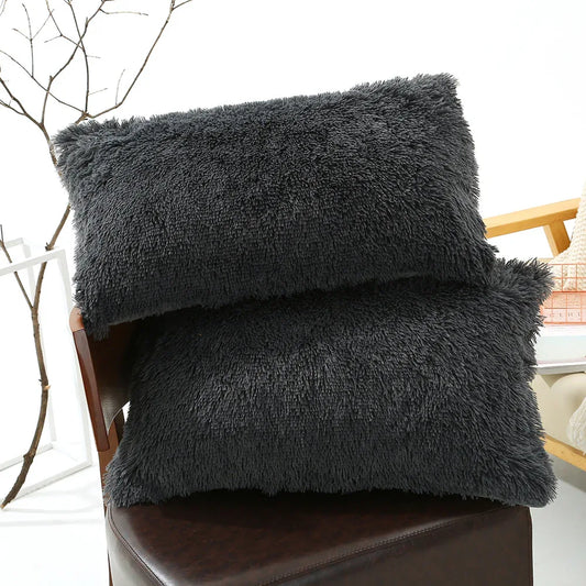 Dark Grey Faux Fur Pillowcase Set - Crystal Velvet Plush Throw Pillow Covers, Bedding Accent (50x70cm, Pair) - Mekamart Australia
