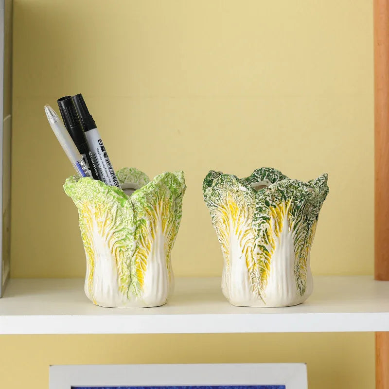 2 Pcs Light Green Premium Ceramic Cabbage Makeup Brush Holder - Elegant 10.5cm High-End Desktop Organizer - Mekamart Australia