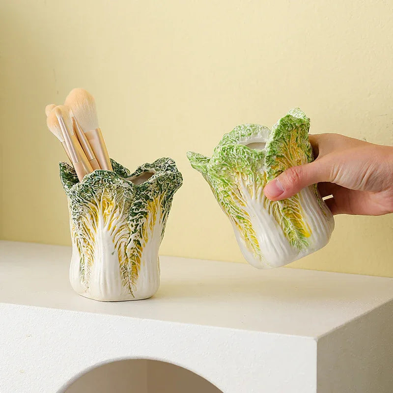2 Pcs Dark Green Premium Ceramic Cabbage Makeup Brush Holder - Elegant 10.5cm High-End Desktop Organizer - Mekamart Australia