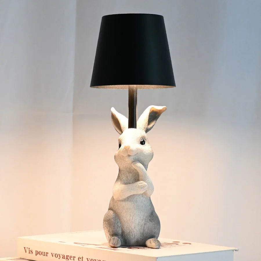 Grey Bunny Black Lampshade Adorable Rabbit Resin Table Lamp - 3-Color LED, USB Rechargeable, Touch Dimming - Mekamart Australia