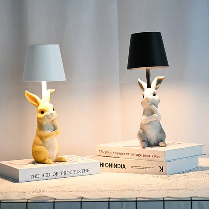 Grey Bunny Black Lampshade Adorable Rabbit Resin Table Lamp - 3-Color LED, USB Rechargeable, Touch Dimming - Mekamart Australia