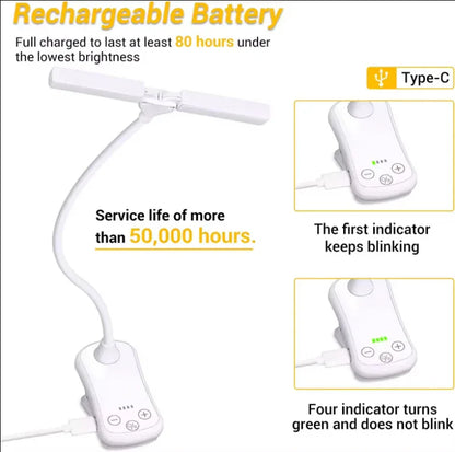 White Rechargeable Dual-Head Clip-On Book Light - Touch Control Reading Lamp with Eye Protection - Mekamart Australia