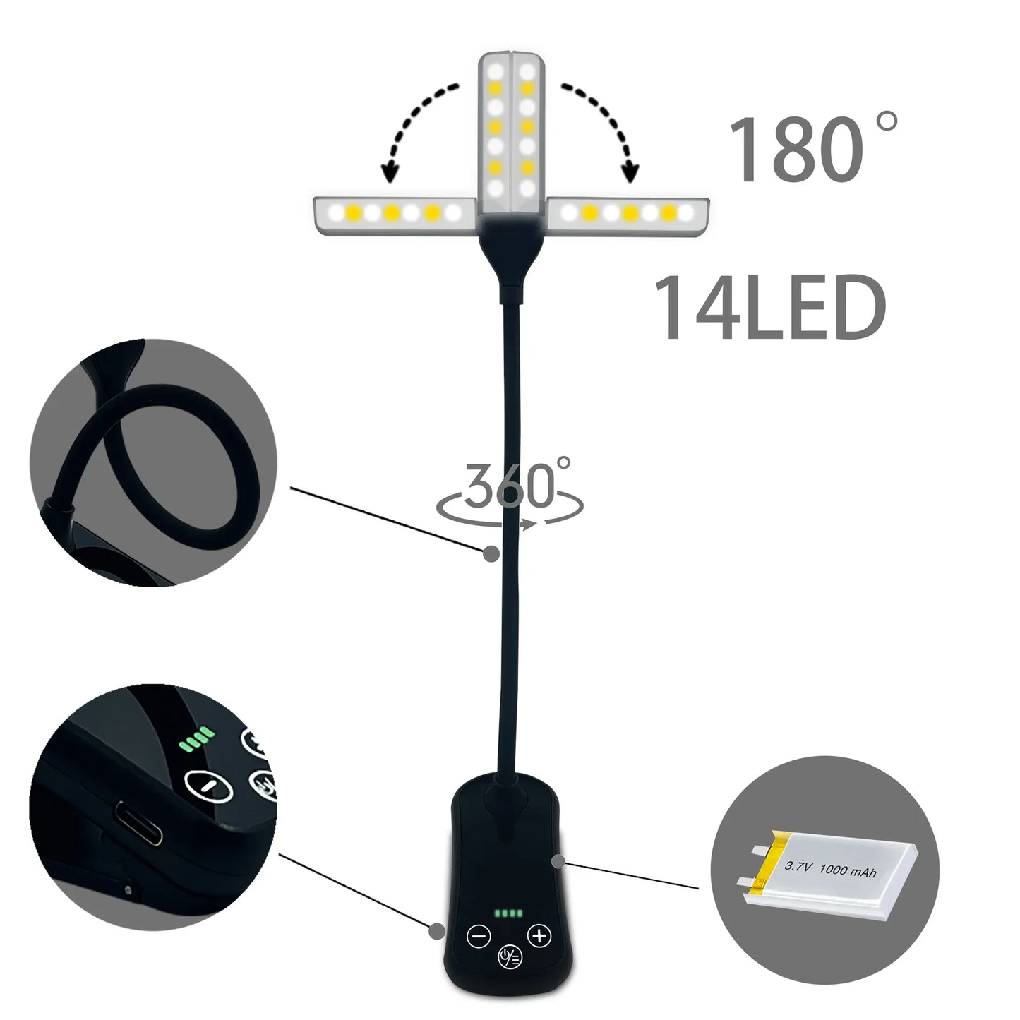 White Rechargeable Dual-Head Clip-On Book Light - Touch Control Reading Lamp with Eye Protection - Mekamart Australia