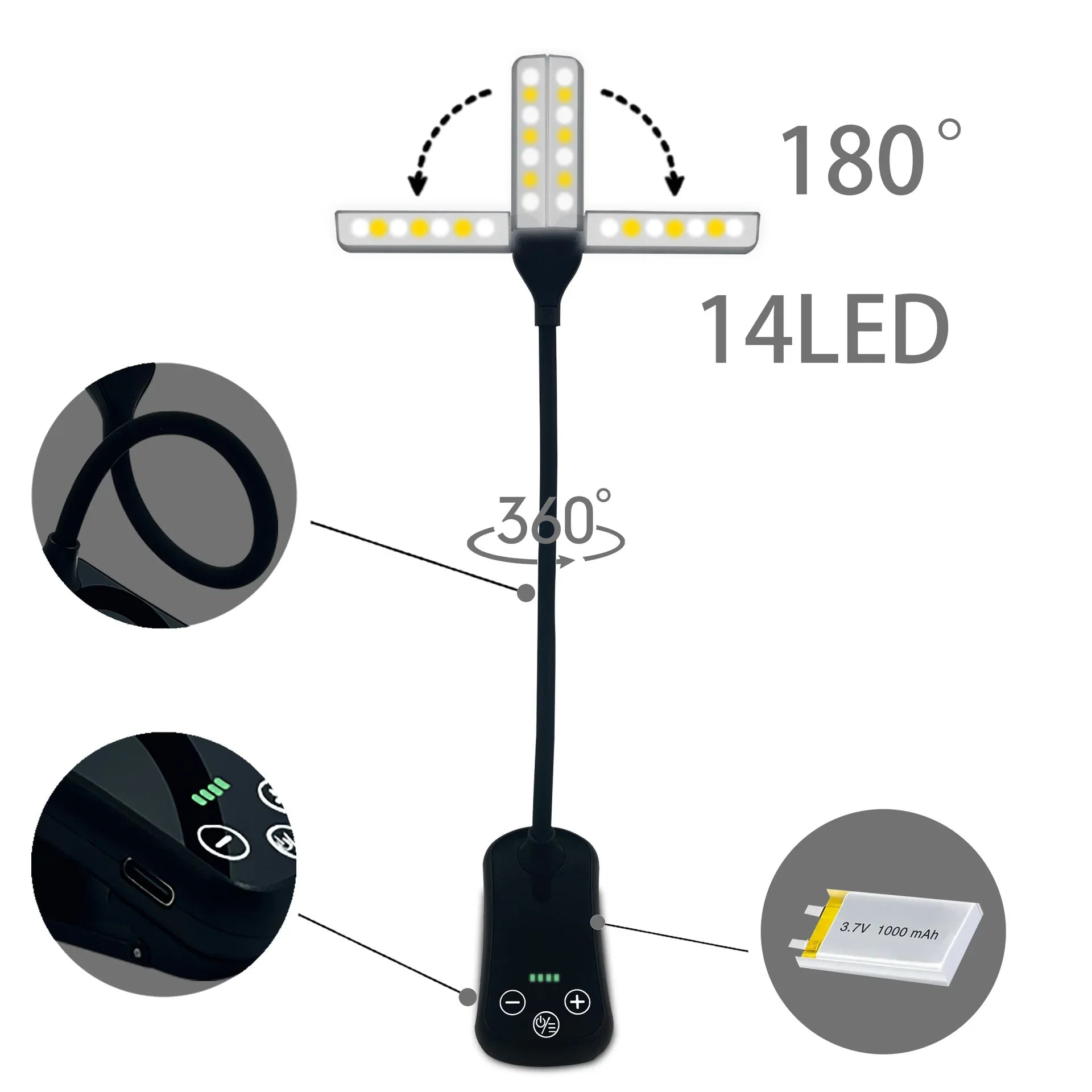 White Rechargeable Dual-Head Clip-On Book Light - Touch Control Reading Lamp with Eye Protection - Mekamart Australia