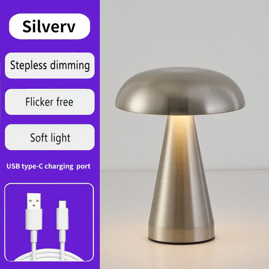 Silver Metal Mushroom Table Lamp - Rechargeable Touch Control Ambient Light with Remote - Mekamart Australia