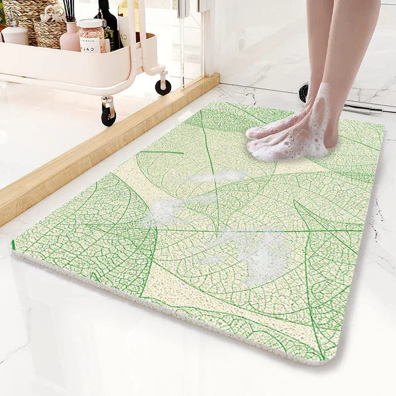 Green Leaves Pattern PVC Non-Slip Bath Mat 45x75cm - Shower Drain Hole Design, Soft & Quick-Dry Bathroom Rug - Mekamart Australia