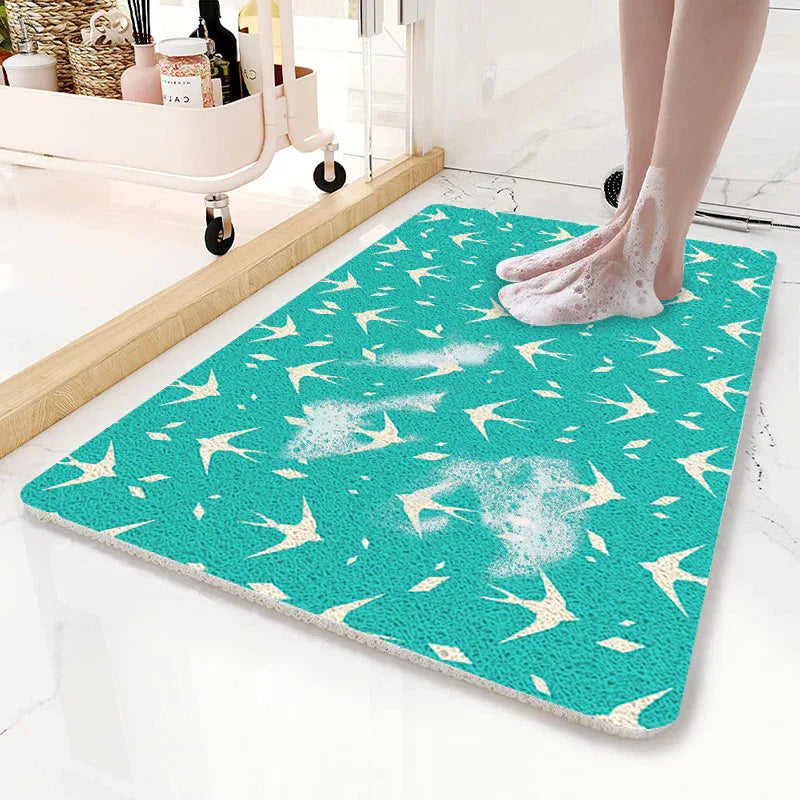 Teal Flying Bird Pattern PVC Non-Slip Bath Mat 45x75cm - Shower Drain Hole Design, Soft & Quick-Dry Bathroom Rug - Mekamart Australia