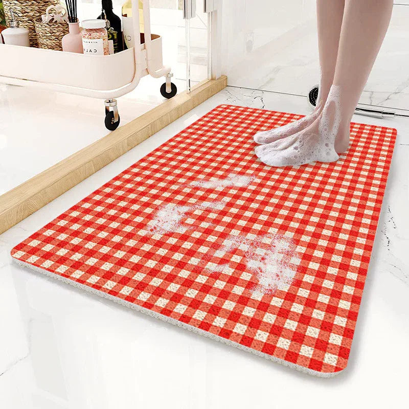 Red Plaid Pattern PVC Non-Slip Bath Mat 45x75cm - Shower Drain Hole Design, Soft & Quick-Dry Bathroom Rug - Mekamart Australia