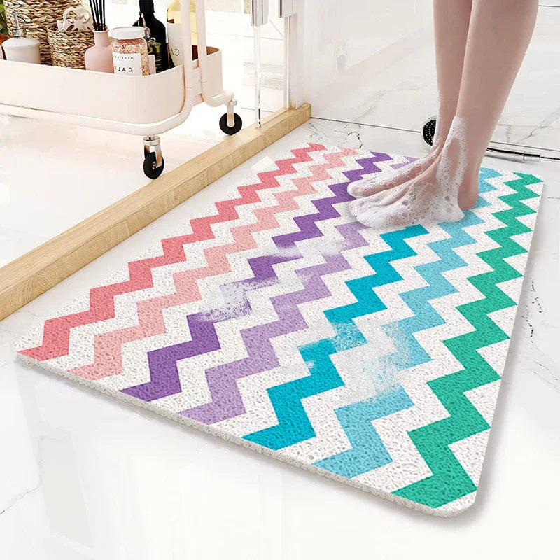 Colorful Wavy Lines Pattern PVC Non-Slip Bath Mat 45x75cm - Shower Drain Hole Design, Soft & Quick-Dry Bathroom Rug - Mekamart Australia