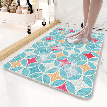 Blue Circular Pattern PVC Non-Slip Bath Mat 45x75cm - Shower Drain Hole Design, Soft & Quick-Dry Bathroom Rug - Mekamart Australia