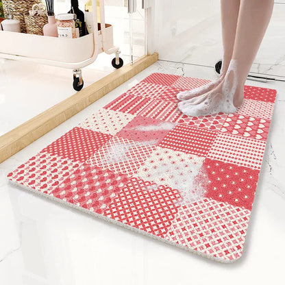 Pink Checkered Pattern PVC Non-Slip Bath Mat 45x75cm - Shower Drain Hole Design, Soft & Quick-Dry Bathroom Rug - Mekamart Australia