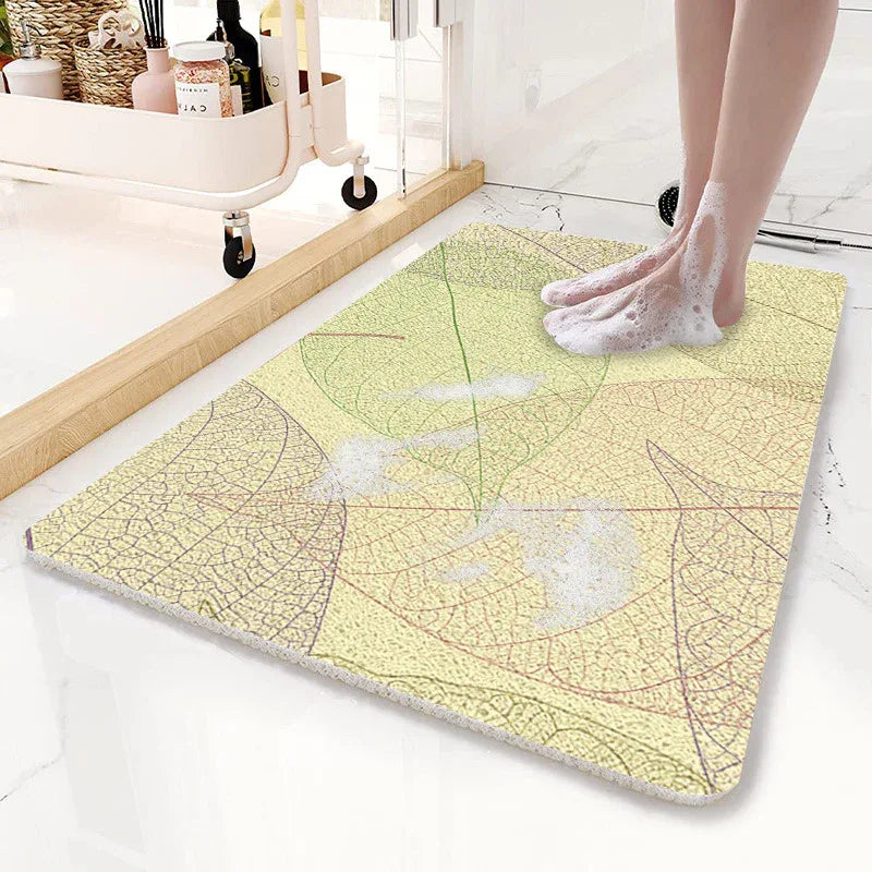 Yellow Leaves Pattern PVC Non-Slip Bath Mat 50x80cm - Shower Drain Hole Design, Soft & Quick-Dry Bathroom Rug - Mekamart Australia