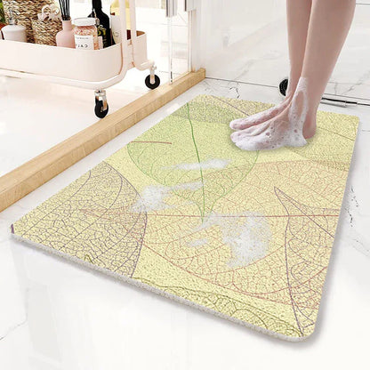 Yellow Leaves Pattern PVC Non-Slip Bath Mat 50x80cm - Shower Drain Hole Design, Soft & Quick-Dry Bathroom Rug - Mekamart Australia