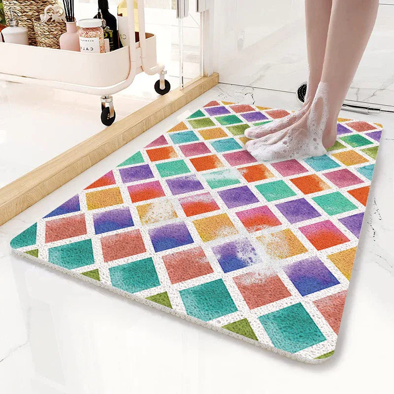 Colorful Diamond Pattern PVC Non-Slip Bath Mat 50x80cm - Shower Drain Hole Design, Soft & Quick-Dry Bathroom Rug - Mekamart Australia