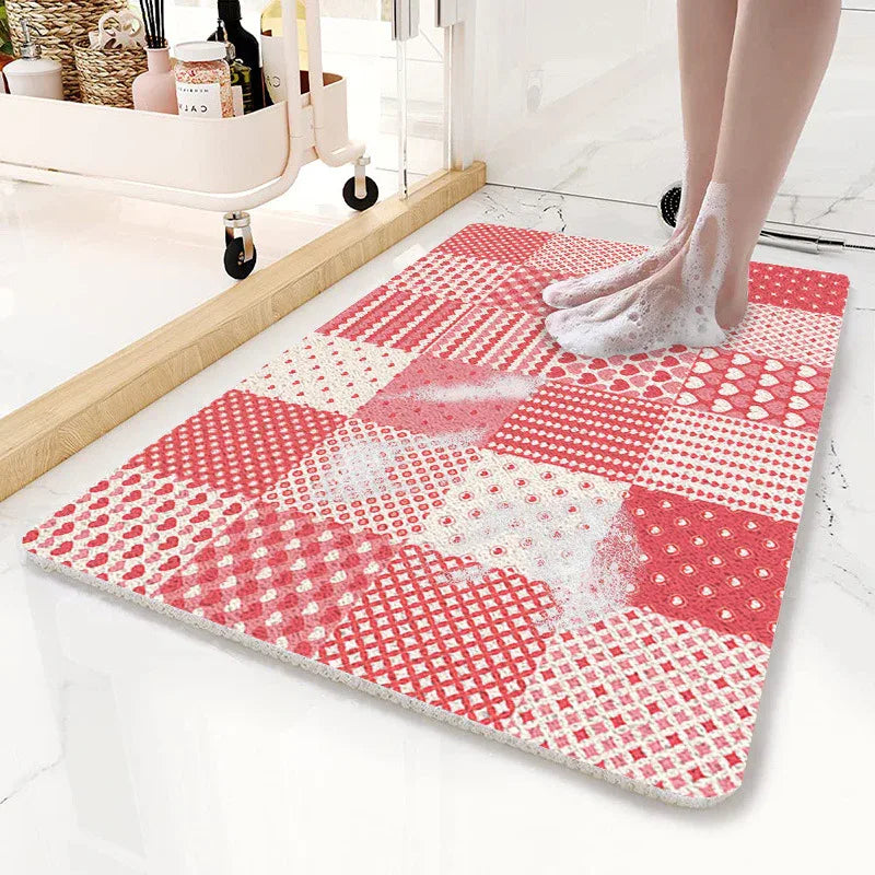 Pink Checkered Pattern PVC Non-Slip Bath Mat 50x80cm - Shower Drain Hole Design, Soft & Quick-Dry Bathroom Rug - Mekamart Australia