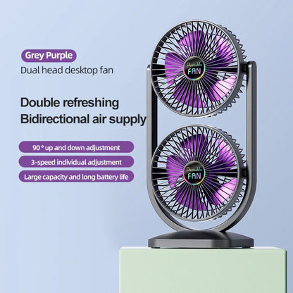 Purple Dual Head USB Rechargeable Desk Fan - Portable Double Air Circulator - Mekamart Australia