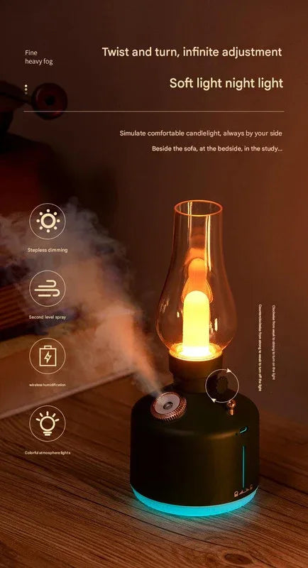 Green Retro Kerosene Lamp Humidifier - Rechargeable Cool Mist Maker with Dimmable Light - Mekamart Australia