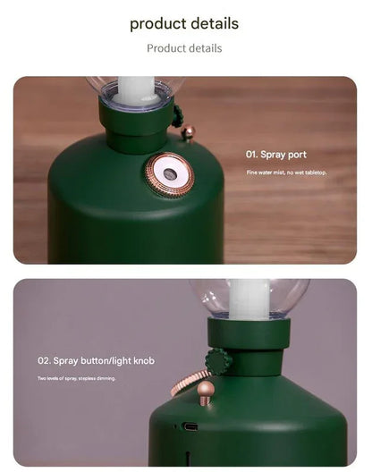 Green Retro Kerosene Lamp Humidifier - Rechargeable Cool Mist Maker with Dimmable Light - Mekamart Australia