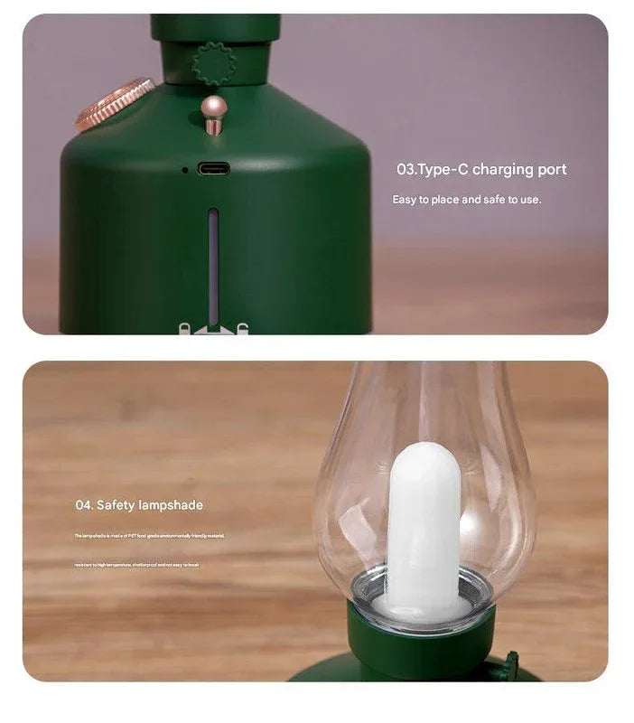 Green Retro Kerosene Lamp Humidifier - Rechargeable Cool Mist Maker with Dimmable Light - Mekamart Australia