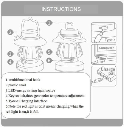 White Retro Snail Night Light - Portable Rechargeable Camping Lantern with Hook, 3-Color Dimming - Mekamart Australia