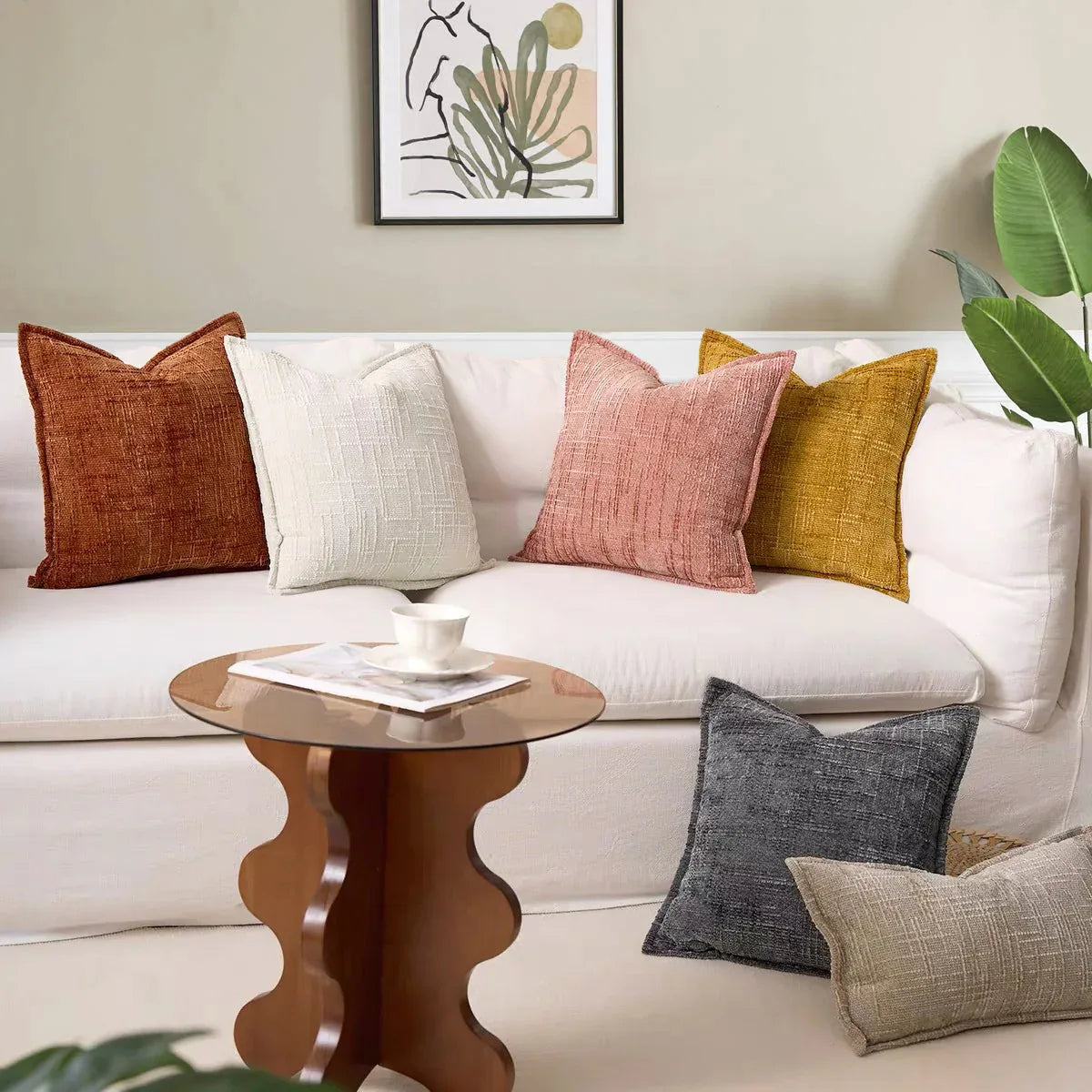 Beige Chenille Crosshatch Textured Pillow Covers Set of 2 - Modern Minimalist Sofa Bed Cushion Covers 45x45cm & 30x50cm(without pillow core) - Mekamart Australia