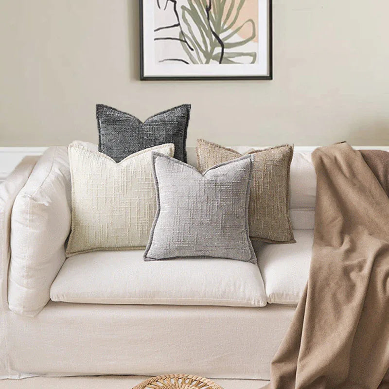 Beige Chenille Crosshatch Textured Pillow Covers Set of 2 - Modern Minimalist Sofa Bed Cushion Covers 45x45cm & 30x50cm(without pillow core) - Mekamart Australia