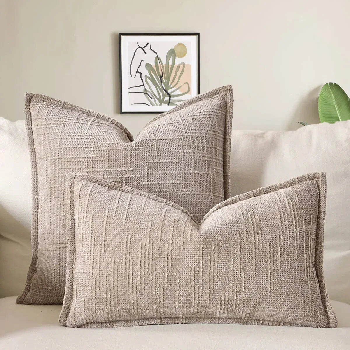 Oatmeal Chenille Crosshatch Textured Pillow Covers Set of 2 - Modern Minimalist Sofa Bed Cushion Covers 45x45cm & 30x50cm(without pillow core) - Mekamart Australia