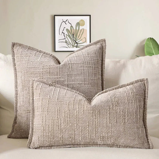 Oatmeal Chenille Crosshatch Textured Pillow Covers Set of 2 - Modern Minimalist Sofa Bed Cushion Covers 45x45cm & 30x50cm(without pillow core) - Mekamart Australia