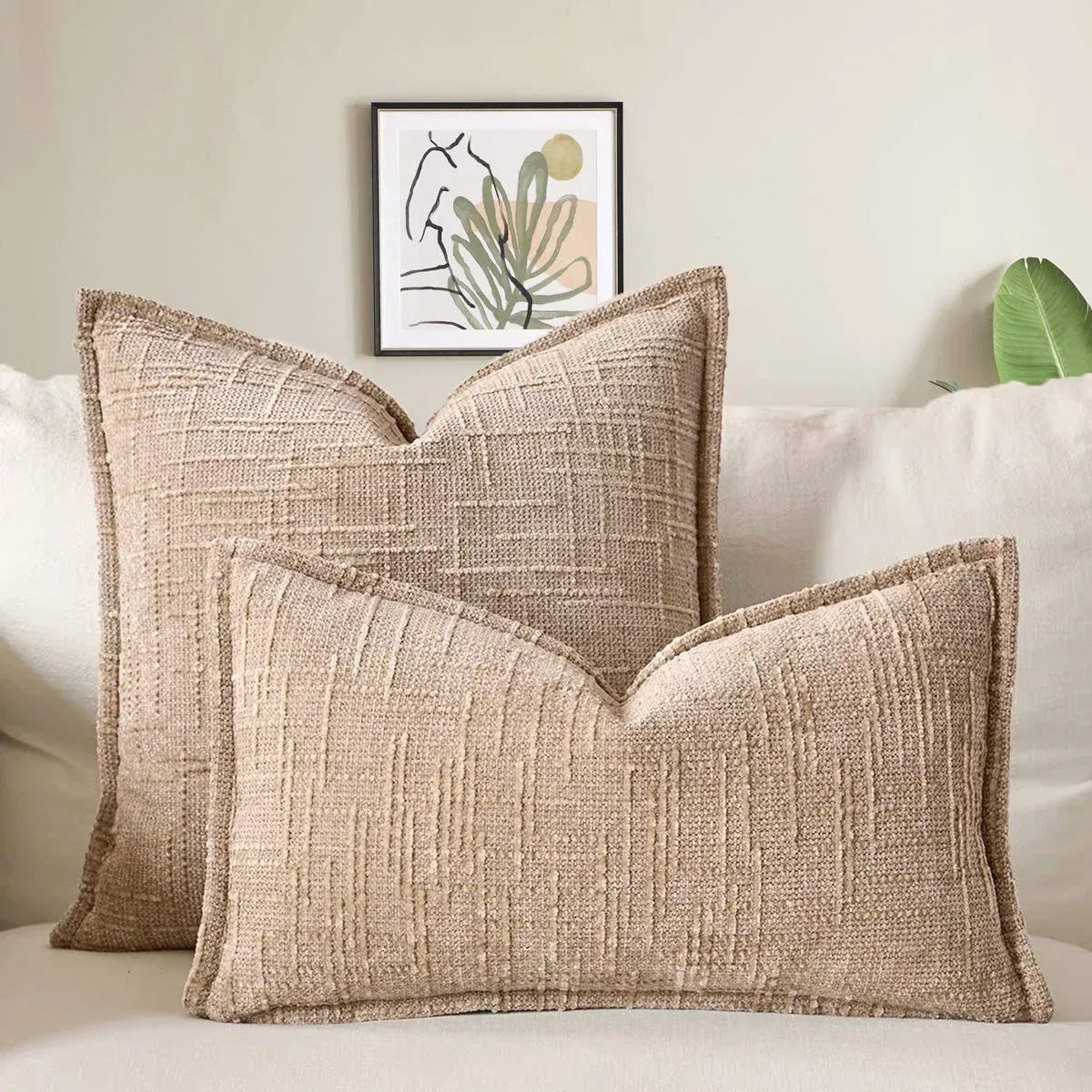 Khaki Chenille Crosshatch Textured Pillow Covers Set of 2 - Modern Minimalist Sofa Bed Cushion Covers 45x45cm & 30x50cm(without pillow core) - Mekamart Australia