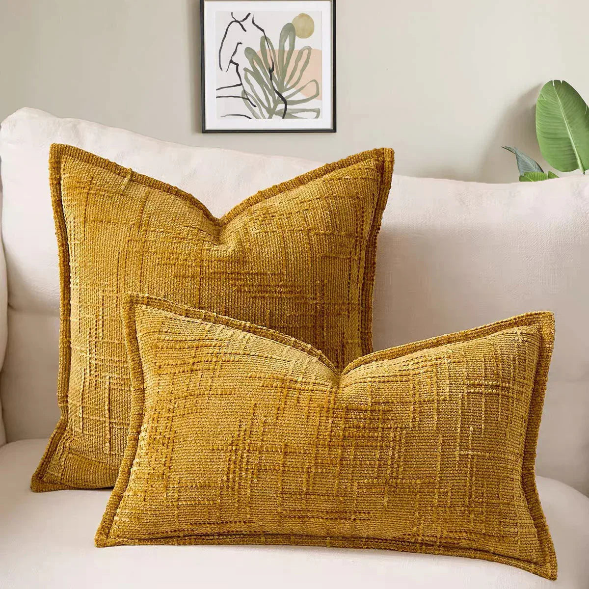 Yellow Chenille Crosshatch Textured Pillow Covers Set of 2 - Modern Minimalist Sofa Bed Cushion Covers 45x45cm & 30x50cm(without pillow core) - Mekamart Australia