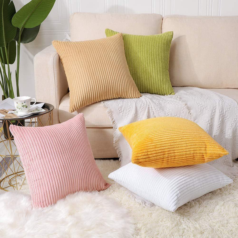 Brick Red Plush Striped Pillow Covers 45x45cm - Set of 4 Corduroy-Style Cushion Covers with Invisible Zipper, Soft and Washable for Sofa Decor - Mekamart Australia