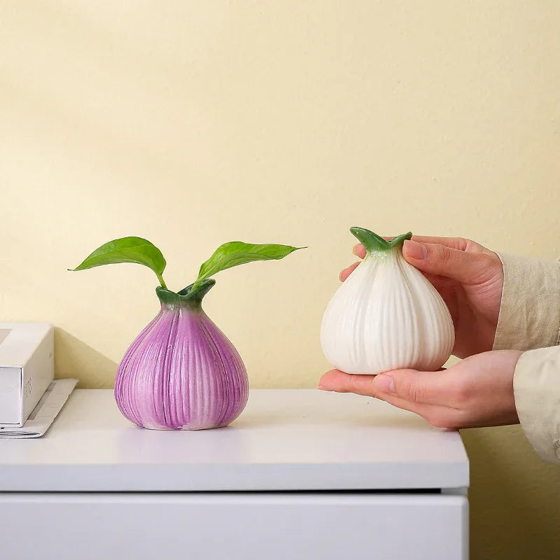 2 Pcs Creative Onion-Shaped Ceramic Vase for Hydroponic Plants - Cute INS Style Floral Decor for Living Room or Office(1 purple + 1 white) - Mekamart Australia