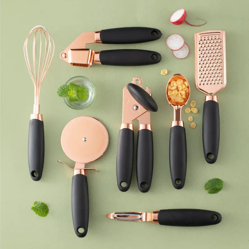 Black And Rose Gold 7-Piece Kitchen Gadget Set - Stainless Steel Utensils with Comfort Grip Handles - Mekamart Australia