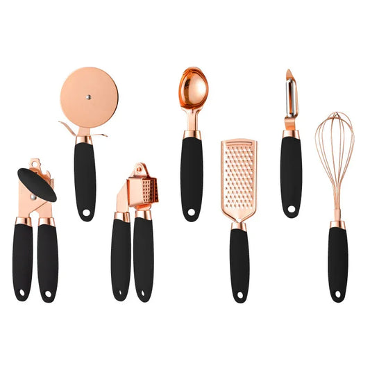 Black And Rose Gold 7-Piece Kitchen Gadget Set - Stainless Steel Utensils with Comfort Grip Handles - Mekamart Australia