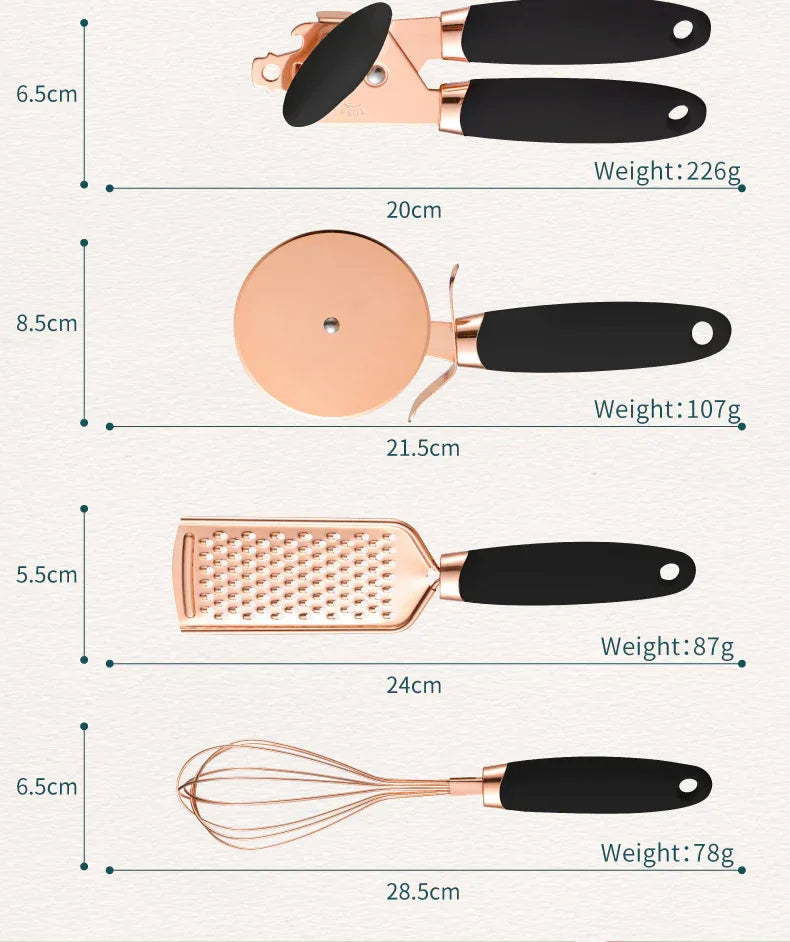 Black And Rose Gold 7-Piece Kitchen Gadget Set - Stainless Steel Utensils with Comfort Grip Handles - Mekamart Australia