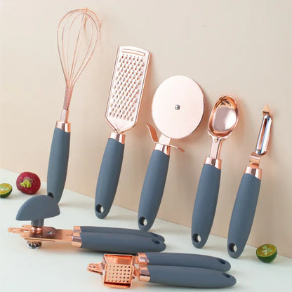 Grey And Rose Gold 7-Piece Kitchen Gadget Set - Stainless Steel Utensils with Comfort Grip Handles - Mekamart Australia
