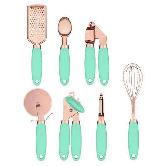 Green And Rose Gold 7-Piece Kitchen Gadget Set - Stainless Steel Utensils with Comfort Grip Handles - Mekamart Australia