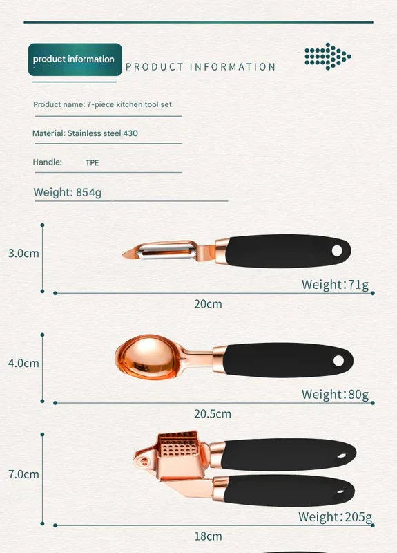 Green And Rose Gold 7-Piece Kitchen Gadget Set - Stainless Steel Utensils with Comfort Grip Handles - Mekamart Australia