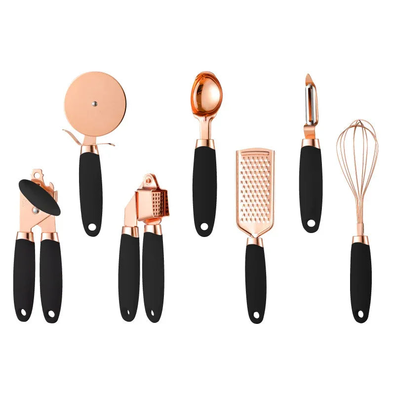 Blue And Rose Gold 7-Piece Kitchen Gadget Set - Stainless Steel Utensils with Comfort Grip Handles - Mekamart Australia