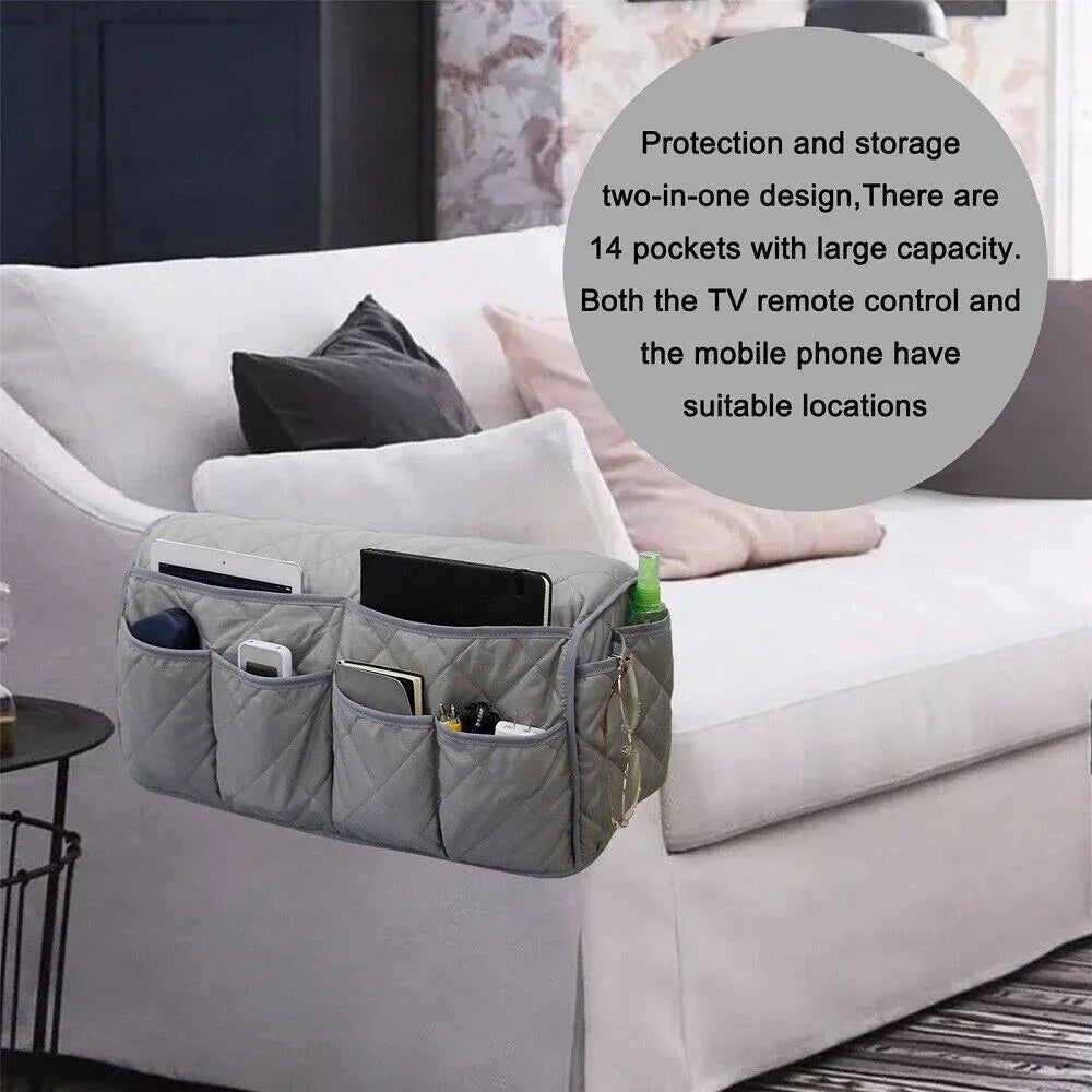 2 Pcs Black Quilted Sofa Armrest Organizer Caddy - Multi-Pocket Remote Control Holder Bag - Mekamart Australia